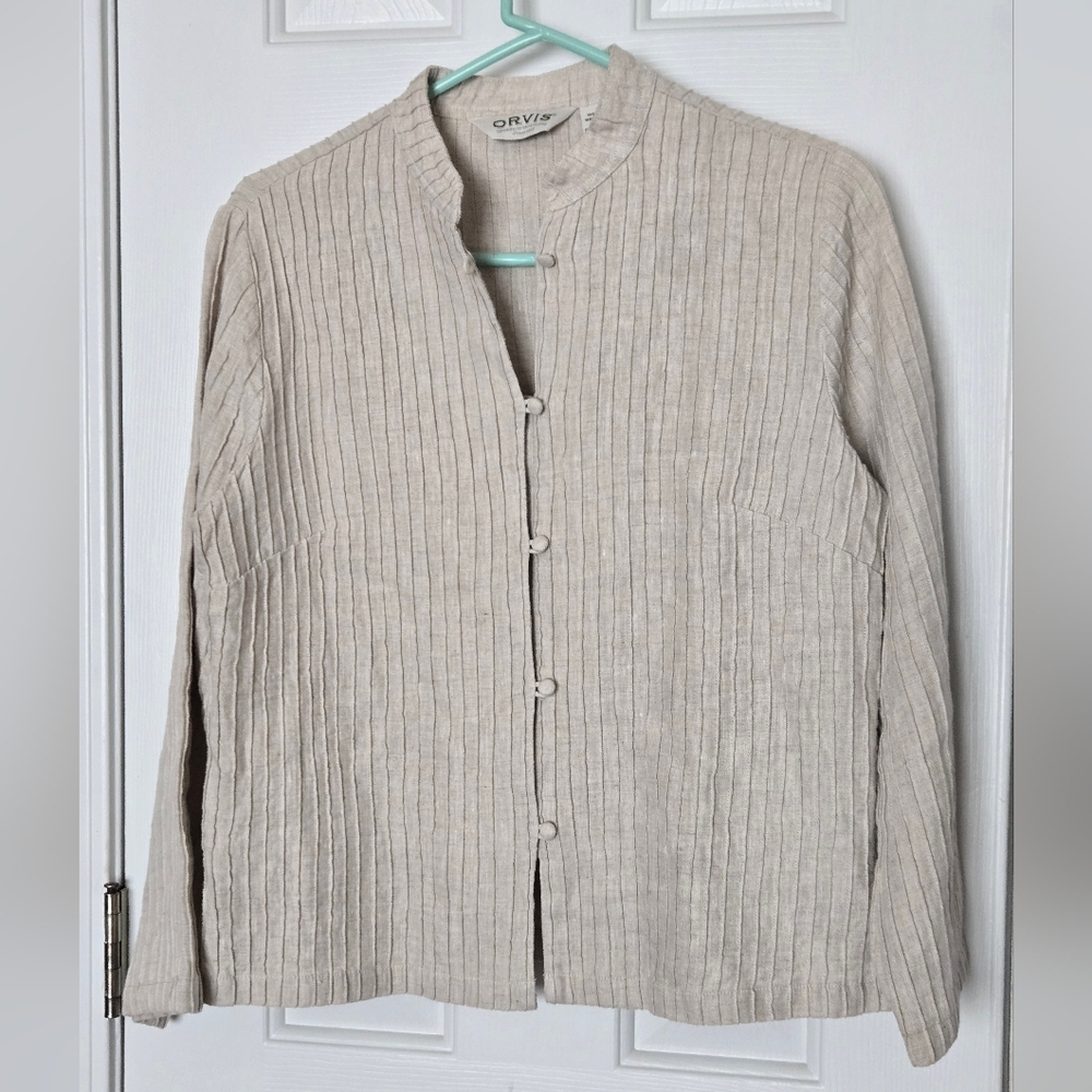 Orvis Womens 100% Linen Pintuck Jacket Beige Lightweight Size S